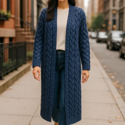 Milan Kiss Cable Knit Longline Cardigan- Navy Blue