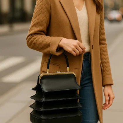 Sculptural Layered Top-Handle Handbag — Black