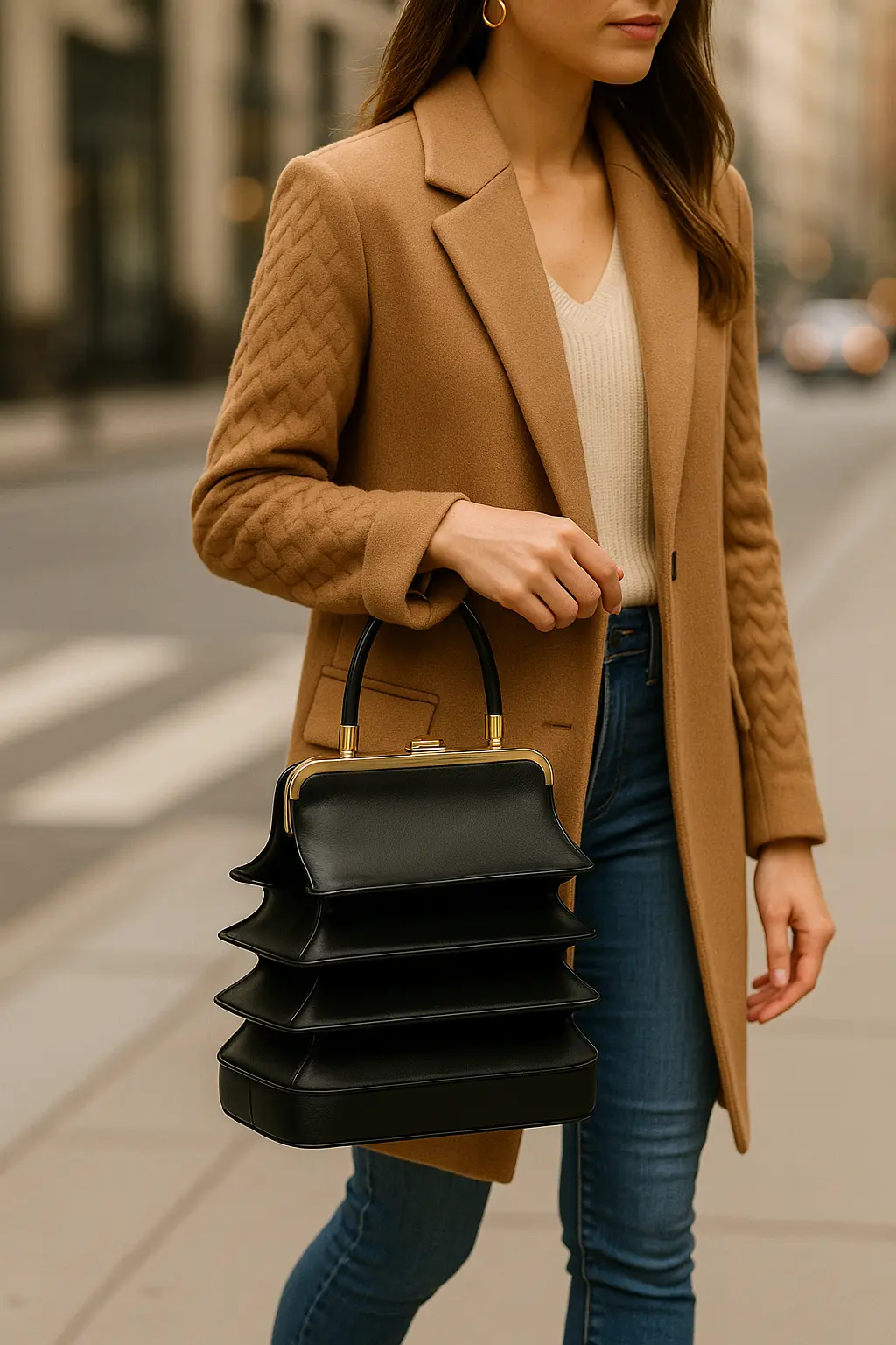 Sculptural Layered Top-Handle Handbag — Black
