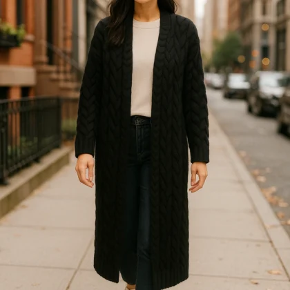 Milan Kiss Cable Knit Longline Cardigan Black