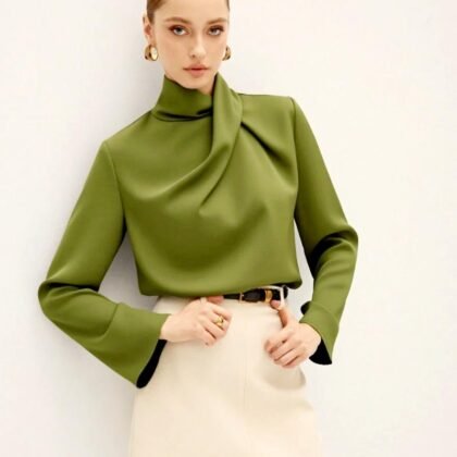 Olive Green Draped High-Neck Blouse