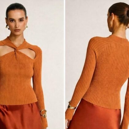 Rust Orange Ribbed Long-Sleeve Knit Top with Twist Neckline and Front Cut-out