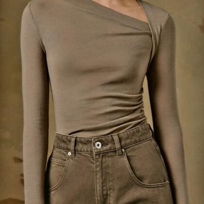 Taupe Ribbed Asymmetrical Draped Long-Sleeve