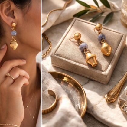 Andean sodalite drop earrings with genuine blue gray natural stone sourced in Colombia and brushed gold sculptural drop design