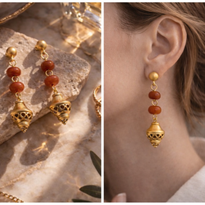 Luxury terracotta carnelian drop earrings with brushed gold and filigree detail. Sourced in Colombia. Part of The Mineral Series. Limited quantity. No restocks.