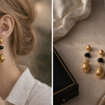 Primary image (on ear): Black onyx and gold drop earrings worn on ear, Collected Abroad jewelry sourced in Colombia Secondary image (flat lay): Black onyx and textured gold earrings flat lay, luxury jewelry Collected Abroad Colombia