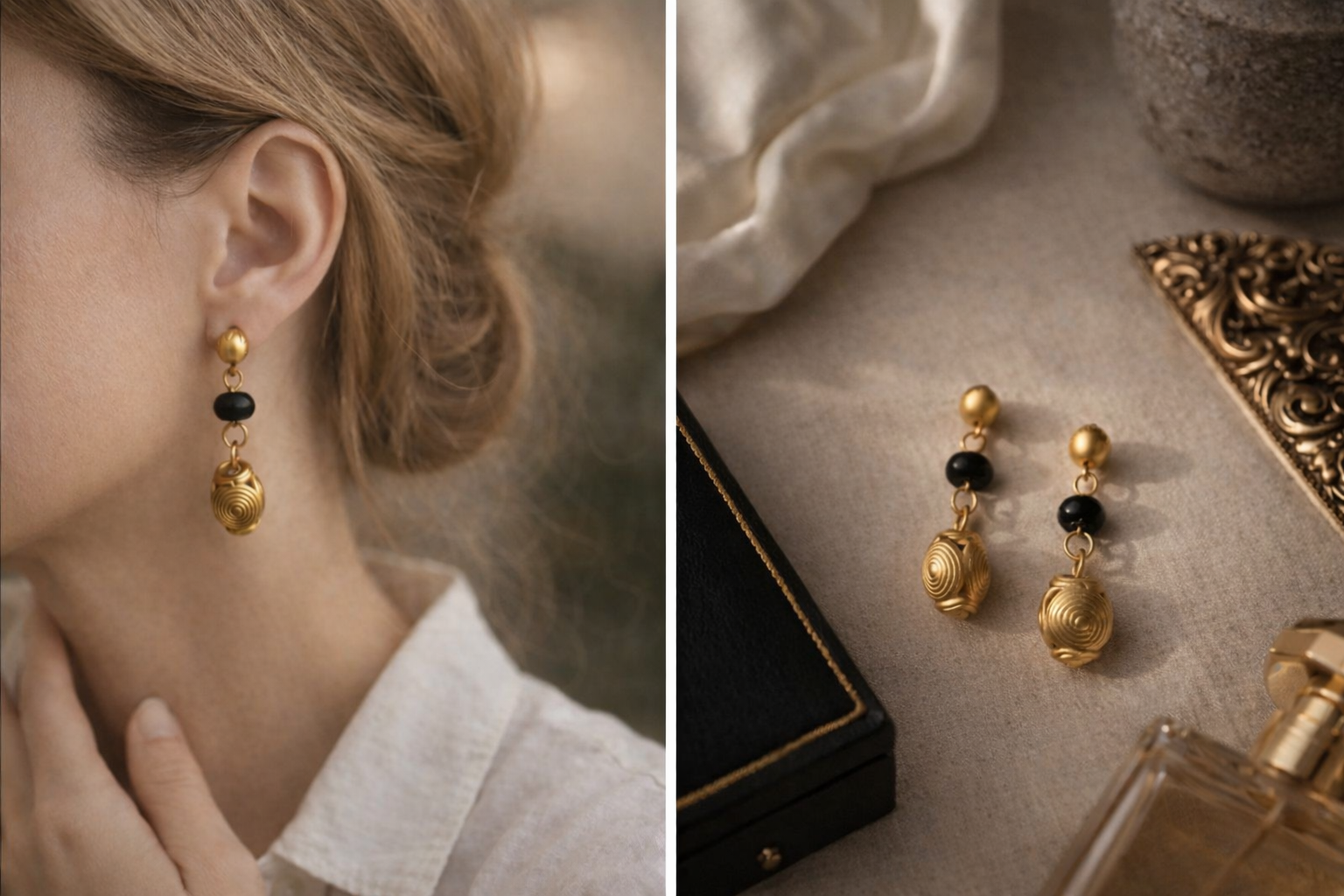 Primary image (on ear): Black onyx and gold drop earrings worn on ear, Collected Abroad jewelry sourced in Colombia Secondary image (flat lay): Black onyx and textured gold earrings flat lay, luxury jewelry Collected Abroad Colombia