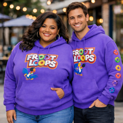 Kellogg’s Froot Loops purple hoodie featuring Toucan Sam cereal graphic and colorful sleeve design size XL
