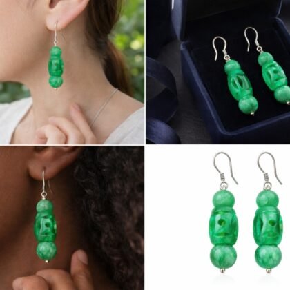 Primary (on ear lifestyle image): Green jade drop earrings worn on ear, Collected Abroad jewelry sourced in Vancouver Canada Secondary (jewelry box image): Green jade carved earrings in luxury box, Collected Abroad Vancouver Canada Additional lifestyle image: Carved green jade earrings on model, natural stone jewelry Collected Abroad Canada White background image: Green jade earrings with silver hooks isolated on white background, Collected Abroad series