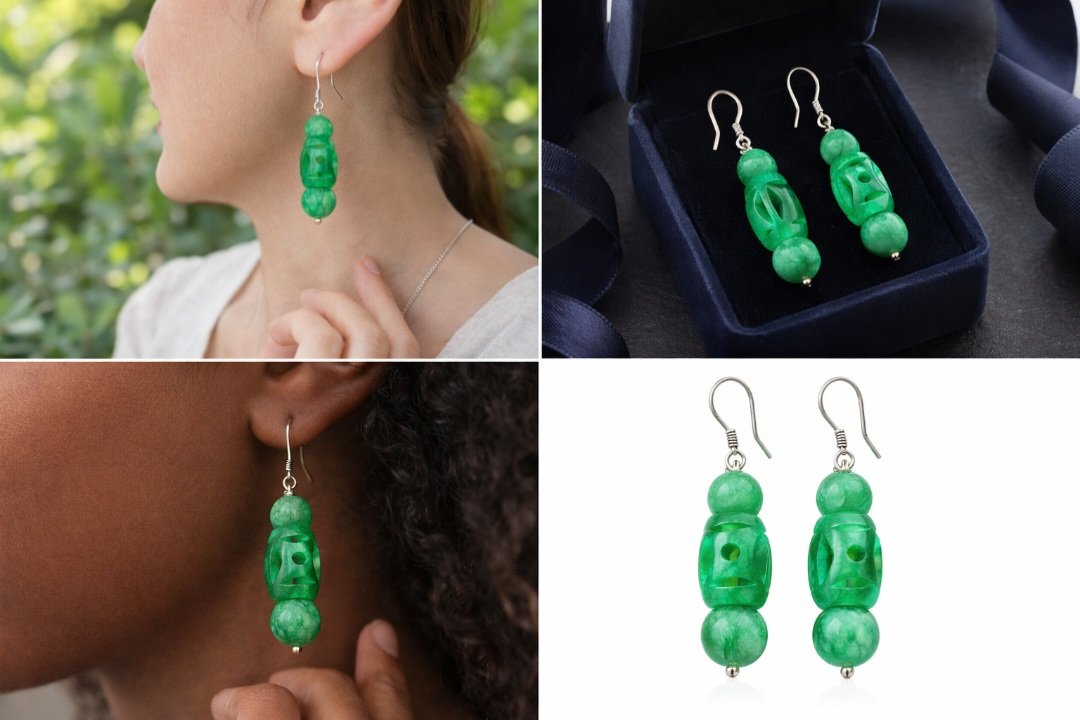 Primary (on ear lifestyle image): Green jade drop earrings worn on ear, Collected Abroad jewelry sourced in Vancouver Canada Secondary (jewelry box image): Green jade carved earrings in luxury box, Collected Abroad Vancouver Canada Additional lifestyle image: Carved green jade earrings on model, natural stone jewelry Collected Abroad Canada White background image: Green jade earrings with silver hooks isolated on white background, Collected Abroad series