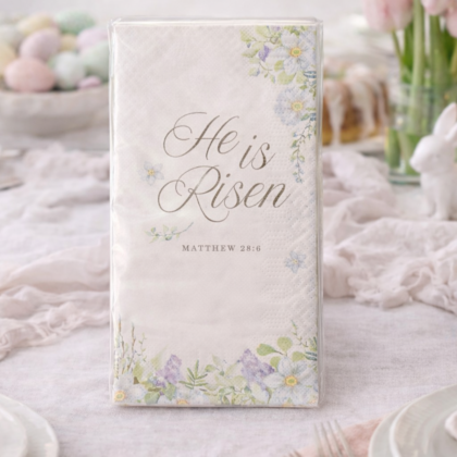 He Is Risen floral Easter napkins by Fringe on elegant brunch table Christian Easter guest towels with Matthew 28:6 scripture Floral Easter napkins styled for brunch table setting He Is Risen napkins with soft pastel spring decor Religious Easter table decor with floral guest towels