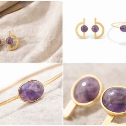 Primary image (lifestyle on model): Amethyst Horizon semi-precious stone earrings and cuff bracelet in matte gold, Collected Abroad limited edition jewelry set Clean product image (set together): Semi-precious amethyst earrings and open cuff bracelet matte gold Collected Abroad jewelry set on neutral background Stone close-up image: Close-up of natural semi-precious amethyst stones in matte gold setting Collected Abroad jewelry Editorial flat lay image: Amethyst Horizon semi-precious stone jewelry set in matte gold on linen surface Collected Abroad limited edition