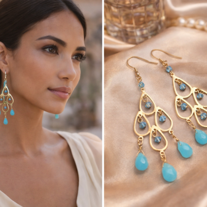 Gold chandelier earrings with turquoise beads and teardrop accents worn by model