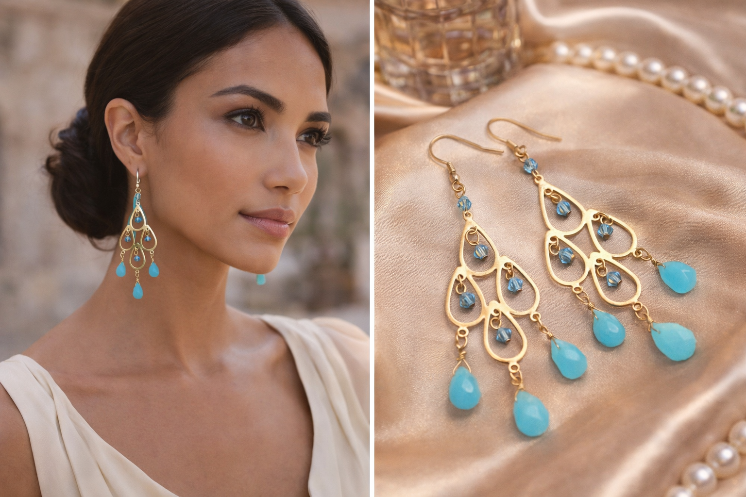 Gold chandelier earrings with turquoise beads and teardrop accents worn by model