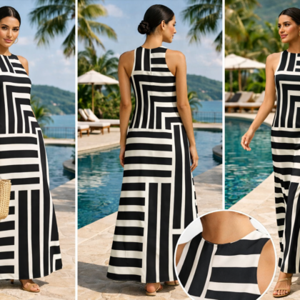 Donna Morgan black and cream geometric sleeveless maxi dress front view Donna Morgan geometric maxi dress back view black and cream Sleeveless black and cream maxi dress resort lifestyle look Donna Morgan geometric pattern maxi dress walking movement shot Close up detail black and cream geometric fabric sleeveless dress