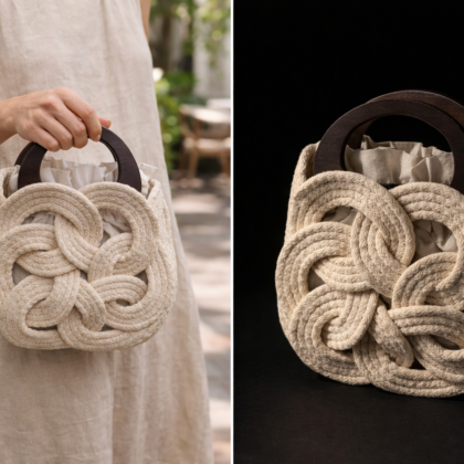 Cream infinity handbag with wooden handles, handwoven cotton cord sculptural purse held by model