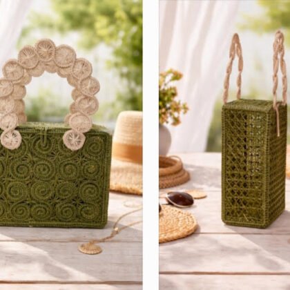 Loden green infinity woven handbag with sculptural design, double handles, and detachable shoulder strap