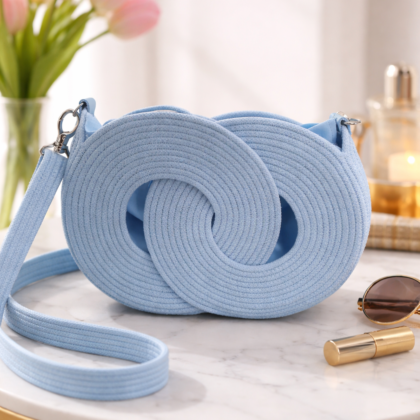Sky blue infinity crossbody bag on marble table, handwoven cotton cord mini handbag with adjustable strap