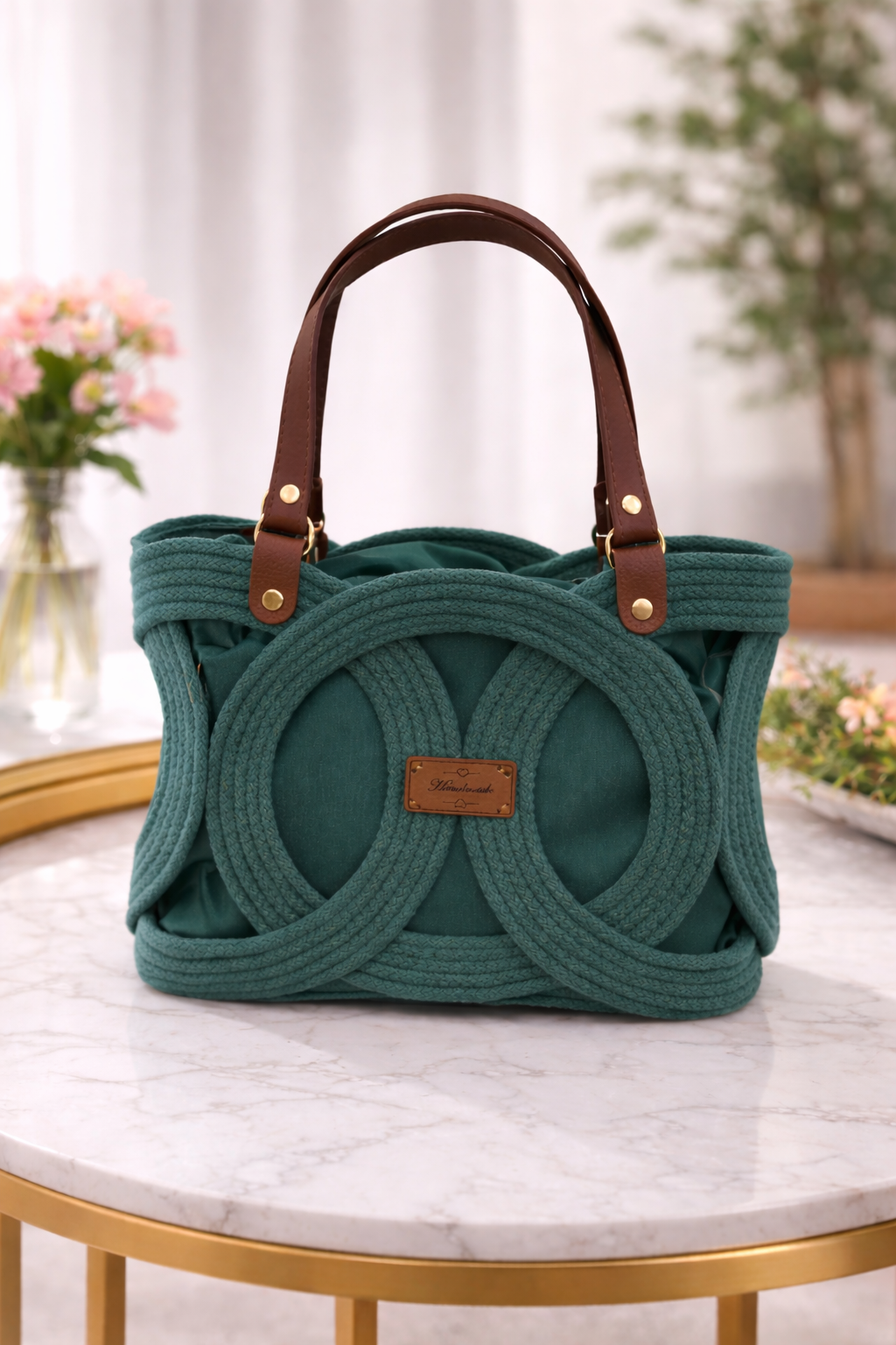 spruce green infinity handbag with brown handles on marble table, handwoven cotton cord structured bag