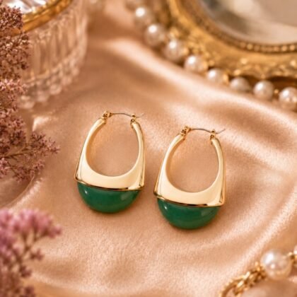 House of Harlow 1960 Green Aventurine Brass Hoop Earrings