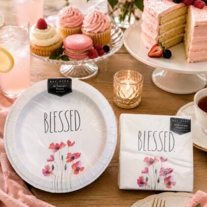 ae Dunn Blessed floral dessert plates and beverage napkins bundle styled on spring table Floral Rae Dunn dessert plates with matching Blessed beverage napkins close-up Rae Dunn Blessed pink floral paper plates and napkins arranged for brunch table setting Spring floral dessert table setup with Rae Dunn Blessed plates and napkins bundle Rae Dunn Blessed floral party plates and beverage napkins for tea party or shower table