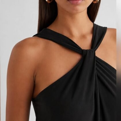 Express black twist halter neck sleeveless maxi dress front view size L Black Express maxi dress with twisted halter neckline detail Sleeveless black maxi dress by Express in size large New with tags black halter maxi dress by Express Elegant black maxi dress with straight hem and streamlined silhouette