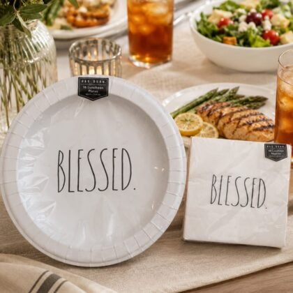 Rae Dunn Blessed luncheon plates and napkins set styled on table White Rae Dunn BLESSED paper plates and matching napkins close-up Faith-inspired Rae Dunn tableware set for brunch or gathering BLESSED luncheon plates and 13x13 napkins arranged on table Rae Dunn party plates and napkins for elegant casual hosting