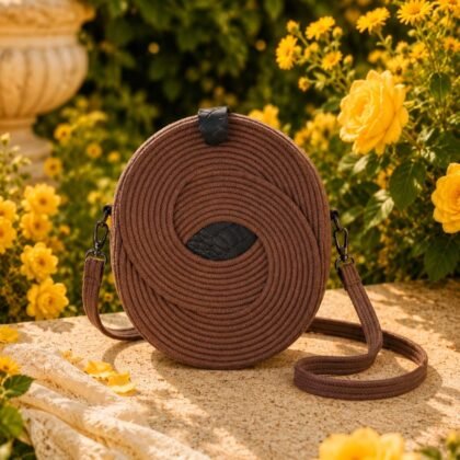 Brown Infinity round crossbody bag styled on model in neutral outfit Woven circular brown handbag from Infinity Collection in garden setting Side view of brown round crossbody bag with adjustable strap Brown sculptural woven bag with leather snap closure and slip pocket Infinity Collection round crossbody bag styled with denim and neutral