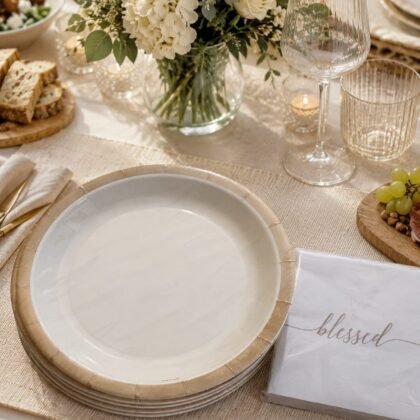 C.R. Gibson Blessed dinner plates and napkins set styled on table Neutral Blessed paper dinner plates with matching 3-ply napkins Close-up of C.R. Gibson Blessed tableware set Faith-inspired dinner party plates and napkins arrangement Elegant neutral Blessed paper plates and napkins for hosting