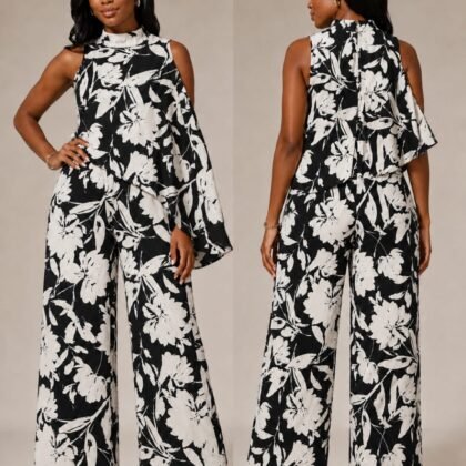 Julia Jordan black and ivory floral asymmetric cape jumpsuit front view size 4