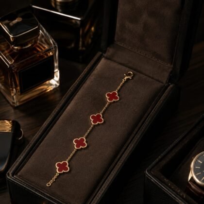 Kitsune men’s brass bracelet with deep red clover-inspired accents Gold-tone men’s bracelet with red quatrefoil details and brass chain Close-up of Kitsune brass bracelet with polished gold-tone finish Men’s red accent bracelet styled in luxury jewelry presentation Kitsune 8-inch brass bracelet with clover link detailing