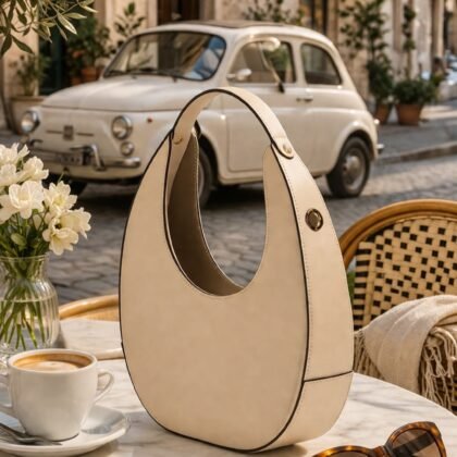 Amerai ivory Italian leather oval handle bag styled on café table in Italian setting Ivory oval handle leather bag by Amerai with gold-tone accents and strap Close-up of Amerai Made in Italy leather handbag with zip closure detail Ivory structured handbag with carry handle and crossbody strap option Luxury Italian leather oval bag styled in neutral lifestyle scene