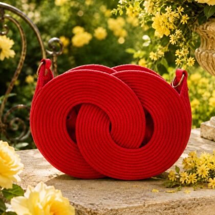 Infinity Handbag Collection red woven macramé crossbody shoulder bag Sculptural red woven handbag with circular silhouette Red macramé shoulder bag with removable adjustable strap Boutique red statement handbag with lined interior