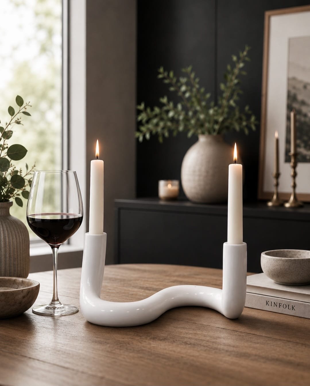 Lily + Faye white ceramic candle holder with sculptural curved design holding two taper candles in a modern home setting.
