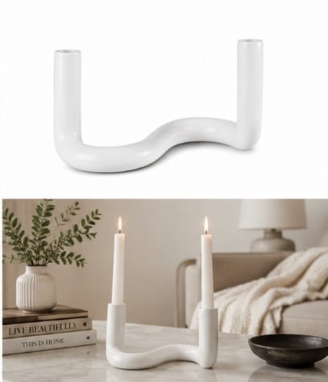 Lily + Faye Ceramic Candle Holder – White Sculptural Double Taper Holder - Image 4