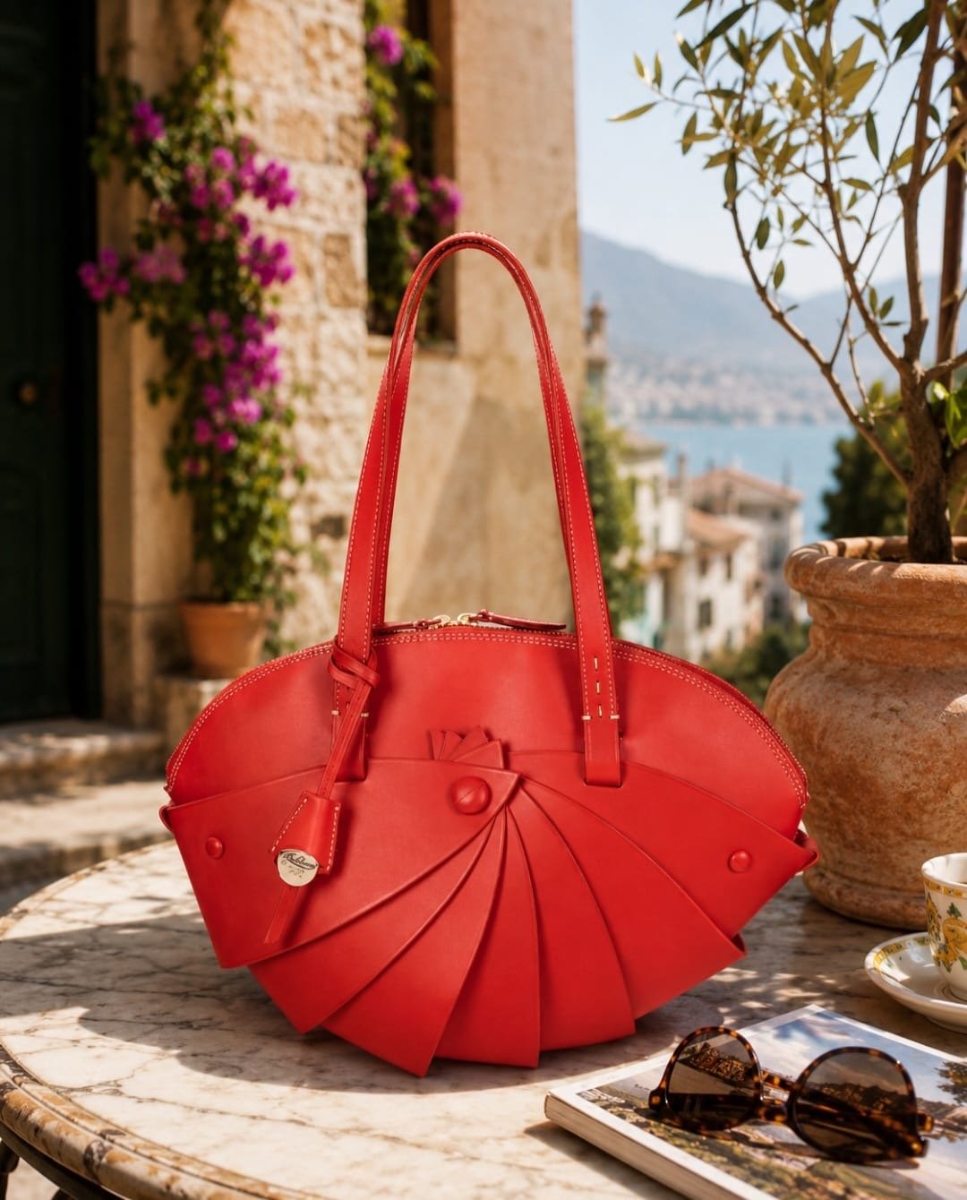 Red Boldrini Selleria Tosca Italian calfskin leather shoulder bag with sculptural fan-inspired front detail and light gold hardware.