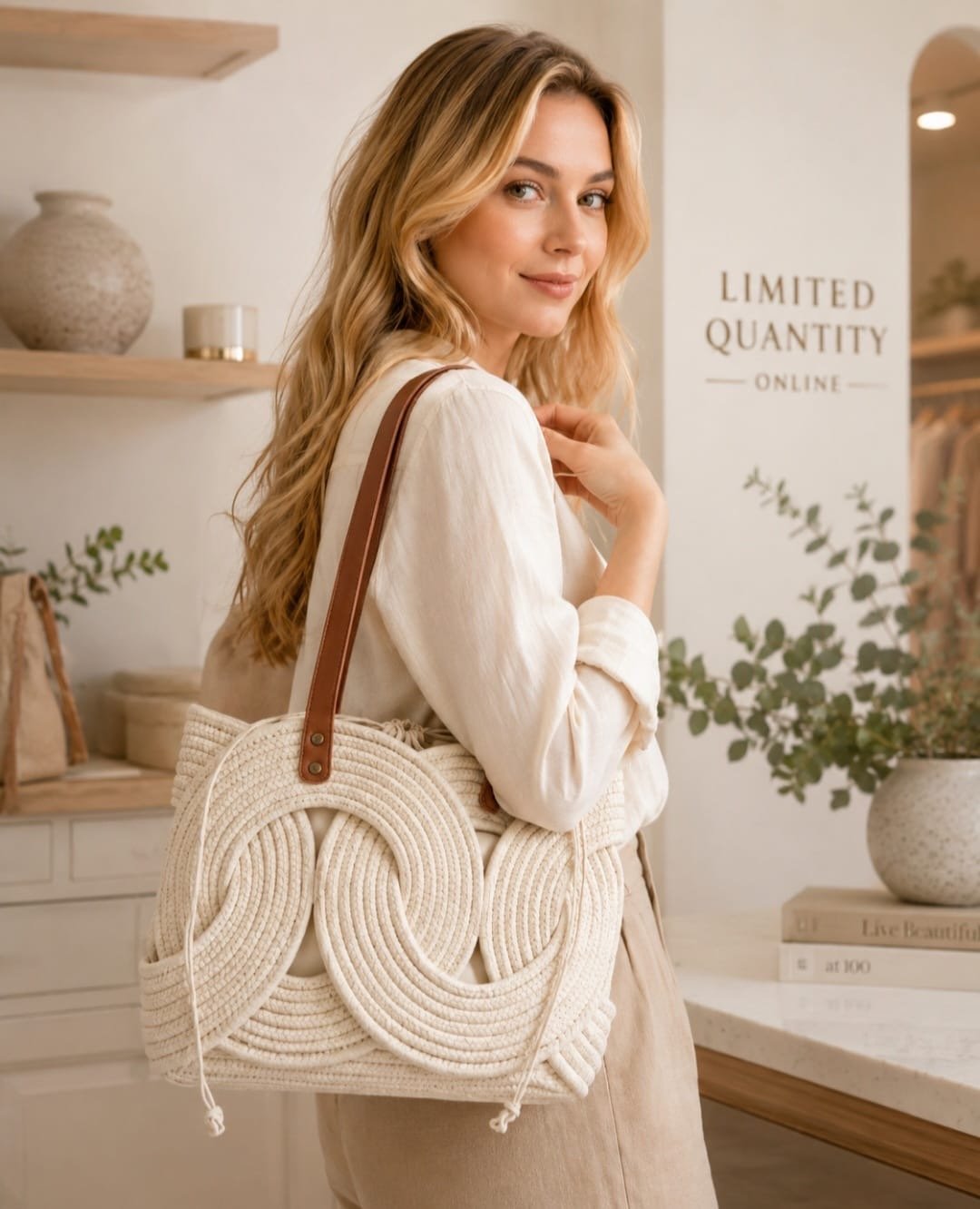 Ecru Infinity woven tote bag with sculptural circular detailing, double leather shoulder straps, drawstring interior closure, and spacious lined design.