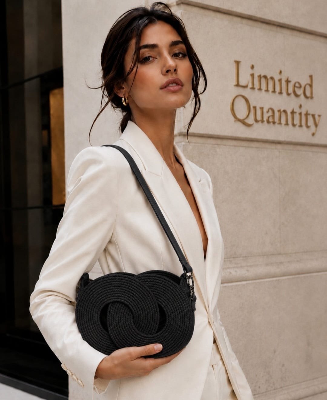 Black Infinity Woven Handbag with Double Leather Shoulder Straps - Image 3