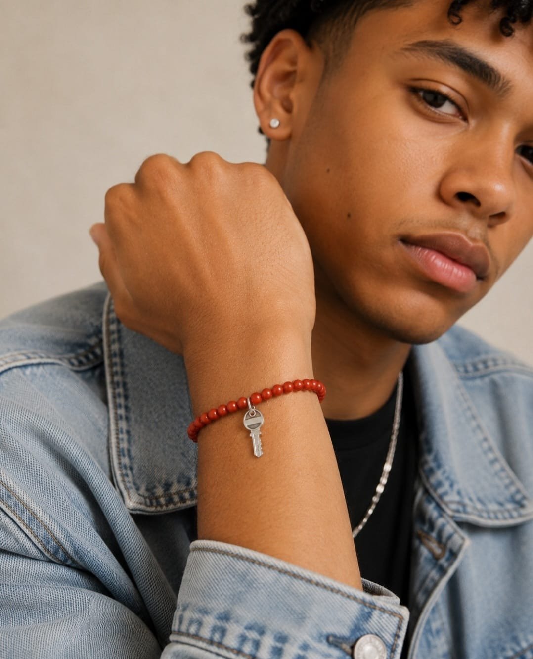 Red beaded unisex stretch bracelet with silver-tone key charm displayed in a clean minimalist jewelry setting.