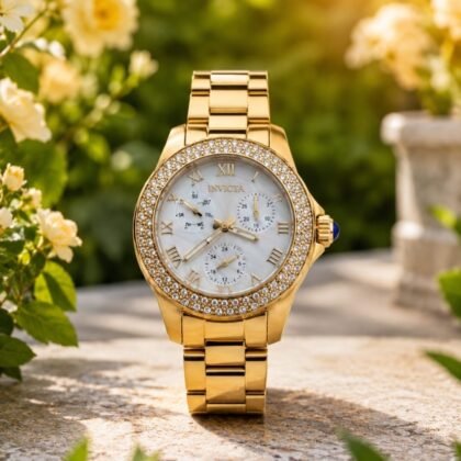 Invicta Gold-Tone Crystal Bezel Watch with Mother-of-Pearl Style Dial & Box
