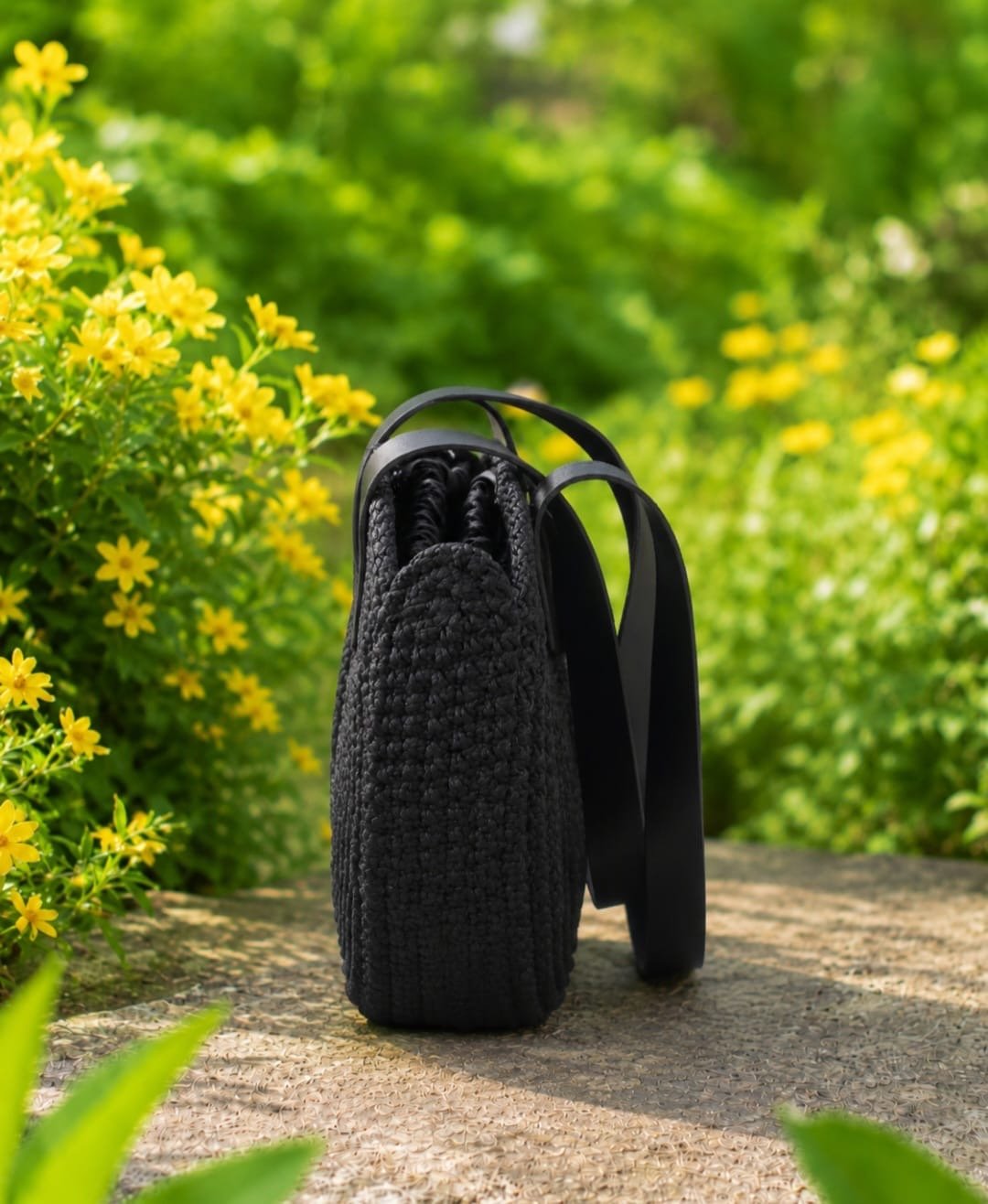 Black Infinity Woven Handbag with Double Leather Shoulder Straps - Image 2
