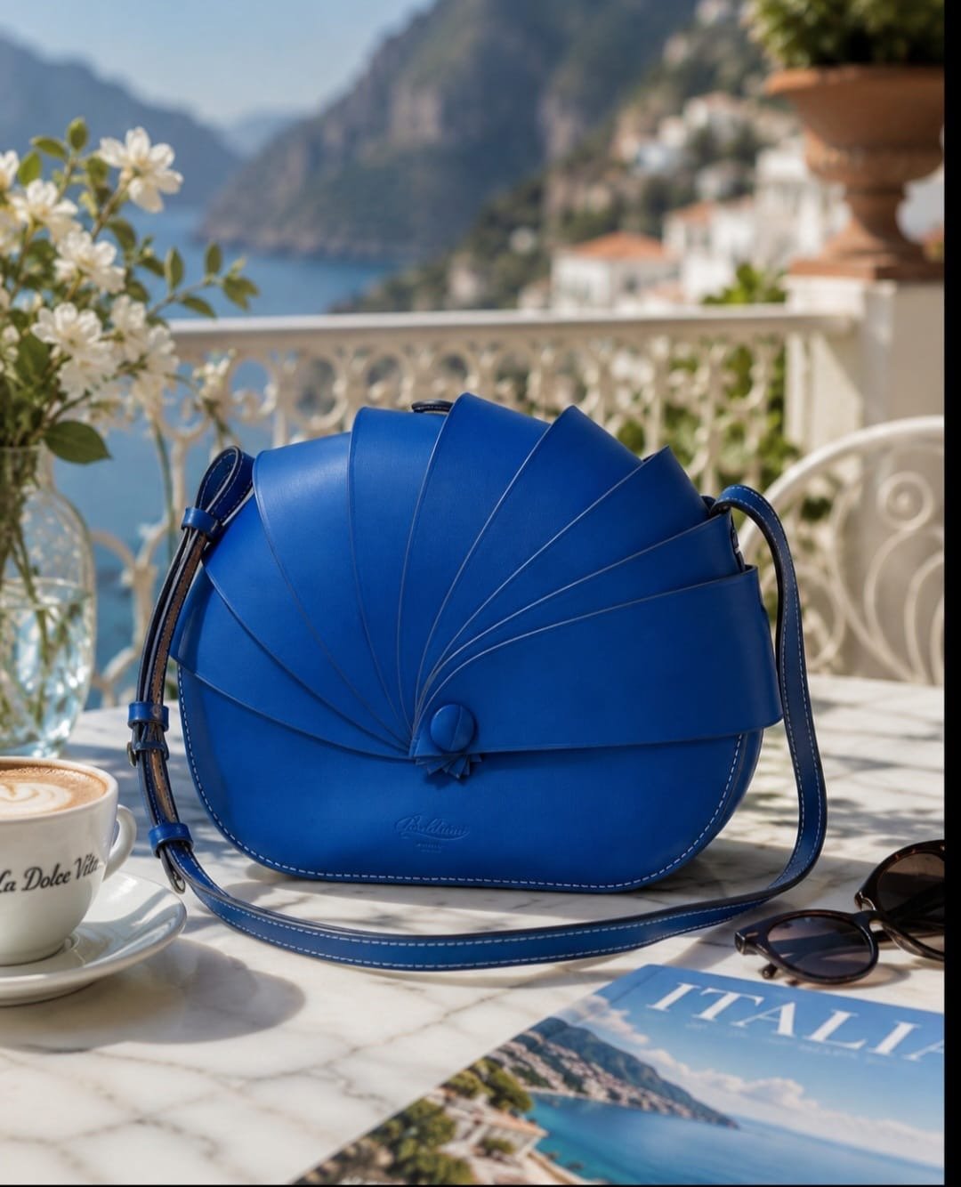 Cobalt blue Boldrini Selleria Dafne Italian leather handbag featuring a sculptural fan-inspired flap and adjustable crossbody shoulder strap.