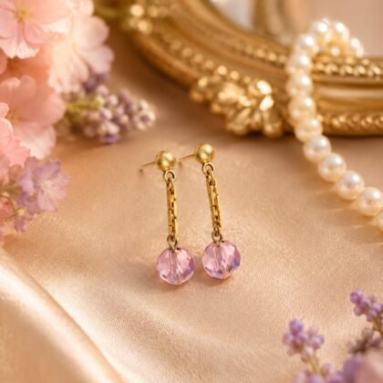 Blush pink crystal gold drop earrings styled on model in soft natural light