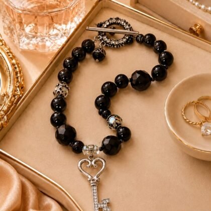 Handmade Black Beaded Key Pendant Necklace – 16” Statement Piece