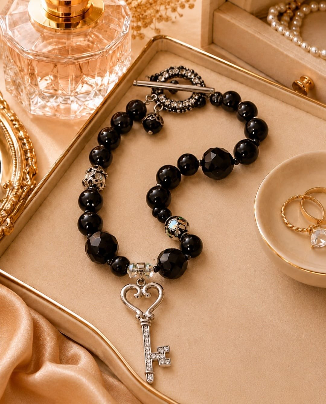 Handmade Black Beaded Key Pendant Necklace – 16” Statement Piece