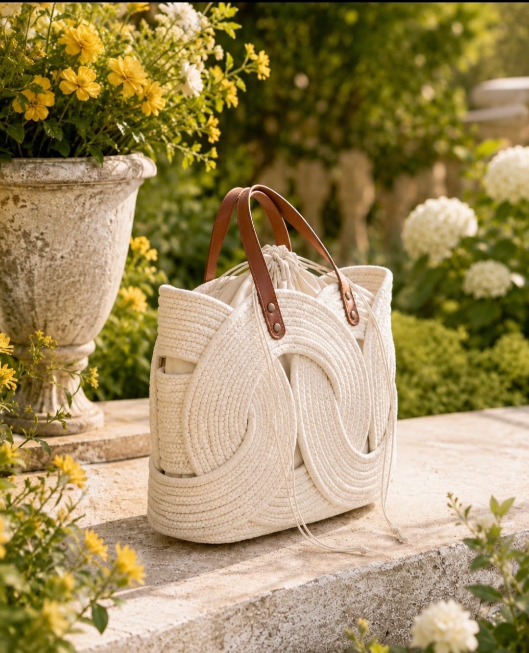 Infinity Tote Bag – Ecru Woven Tote with Leather Shoulder Straps - Image 3
