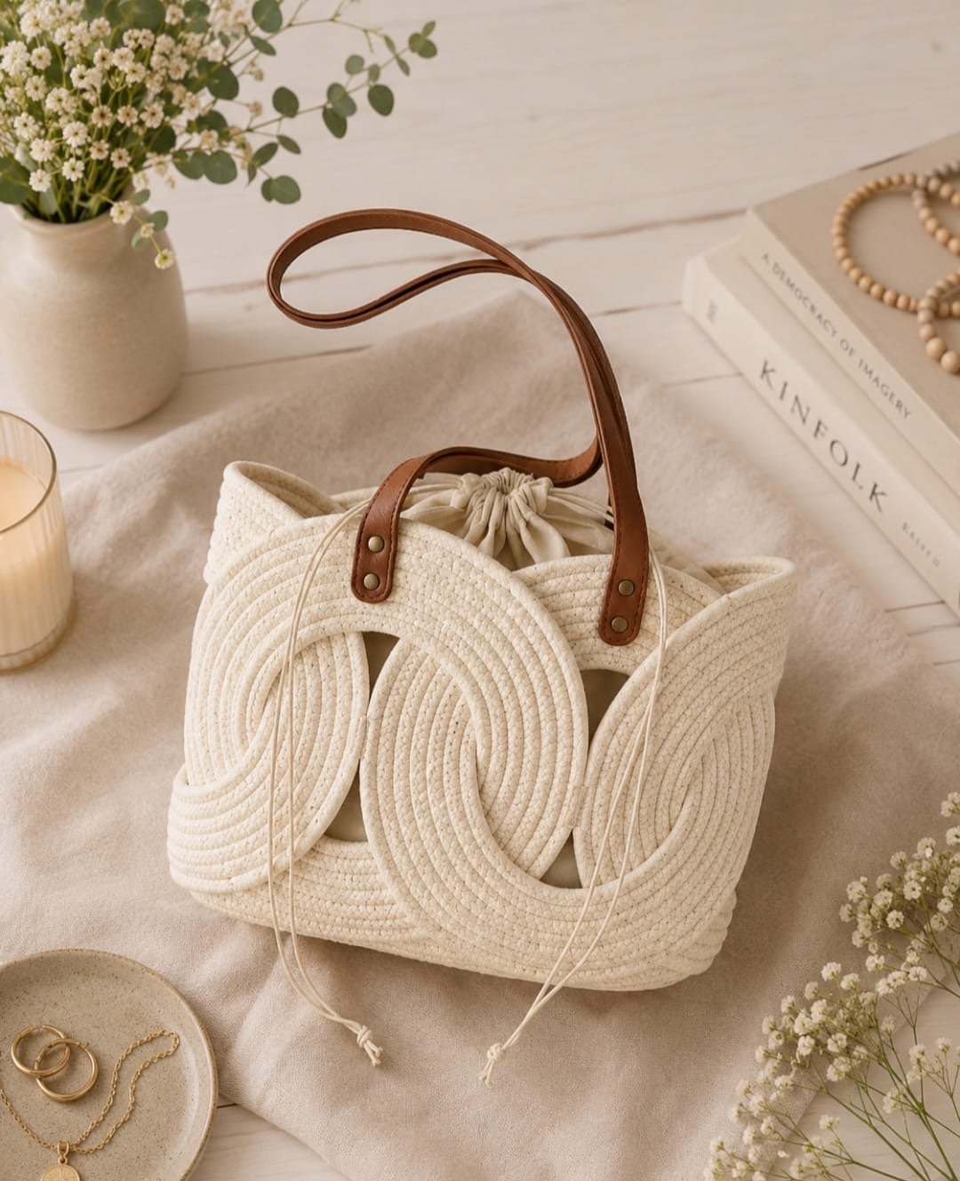 Infinity Tote Bag – Ecru Woven Tote with Leather Shoulder Straps - Image 2