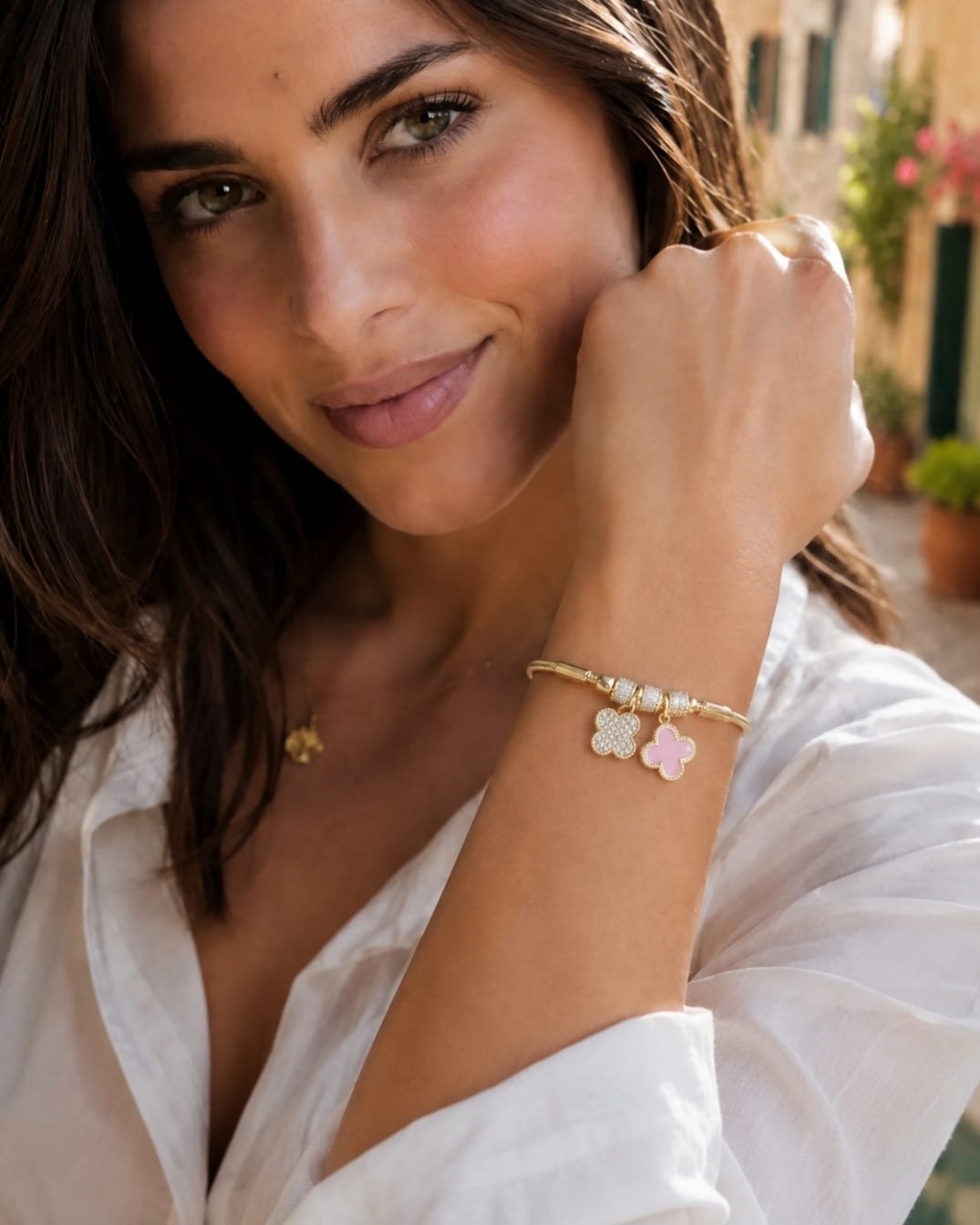 Gold CZ Clover Charm Bracelet - Image 2
