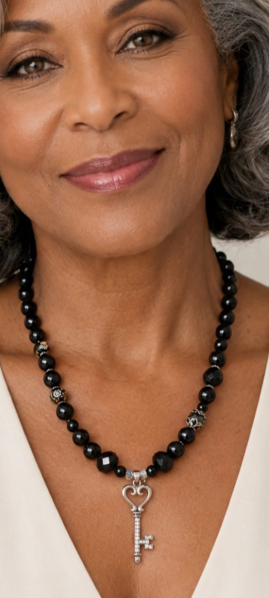 Handmade Black Beaded Key Pendant Necklace – 16” Statement Piece - Image 3