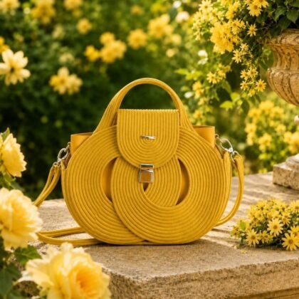 Yellow Sunburst Infinity Collection woven macramé handbag with circular design, double handles, and detachable shoulder strap